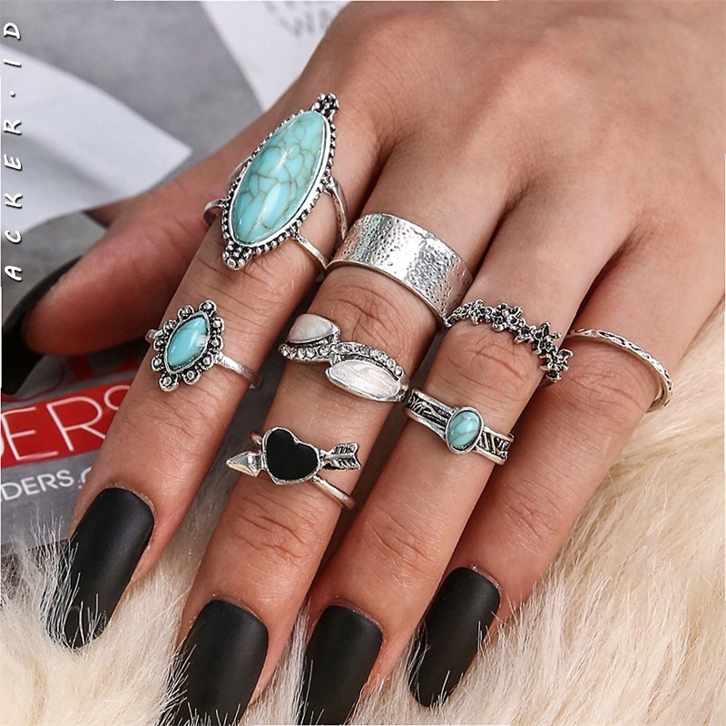 8pcs / Set Cincin Panjang Desain Totem Hati Warna Hitam Turquoise Gaya Retro Untuk Wanita