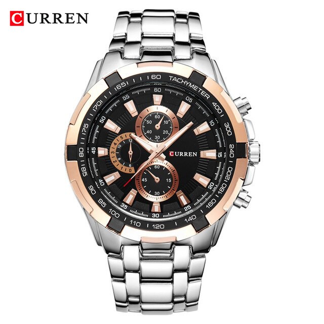 CURREN 8023 Jam Tangan Pria Analog Stainless Steel Chronograph Tidak Aktif ALL-TIME CURRENOS-Silver Gold-Hitam