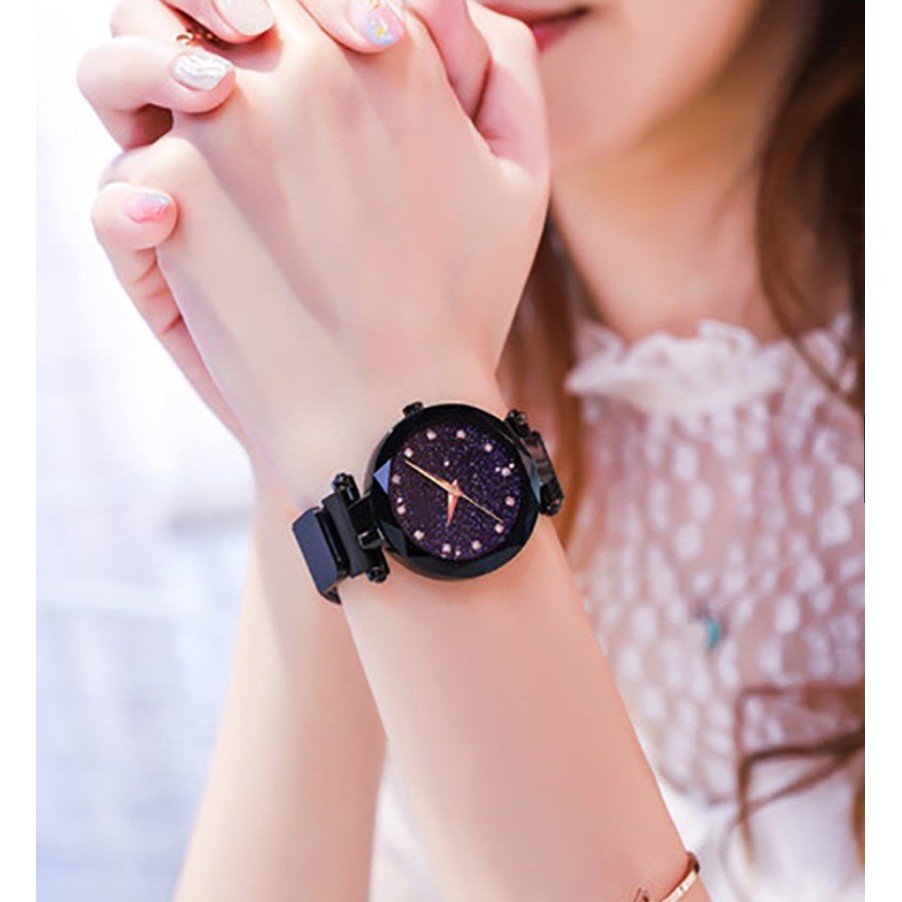 Jam Tangan Wanita:Korea Fashion GALAXY Star,Magnet Mesh Milan Band Starry Night Sky Kuarsa Watch