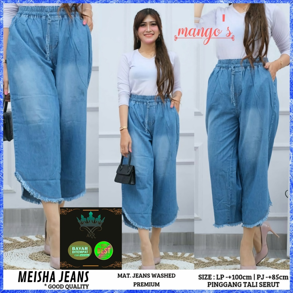 Meisha Celana Kulot Jeans Panjang Jens Jins Wanita Jumbo Kekinian High Waist Bawah Rawis Pinggang Karet Lp 80-100 P 85 Allsize