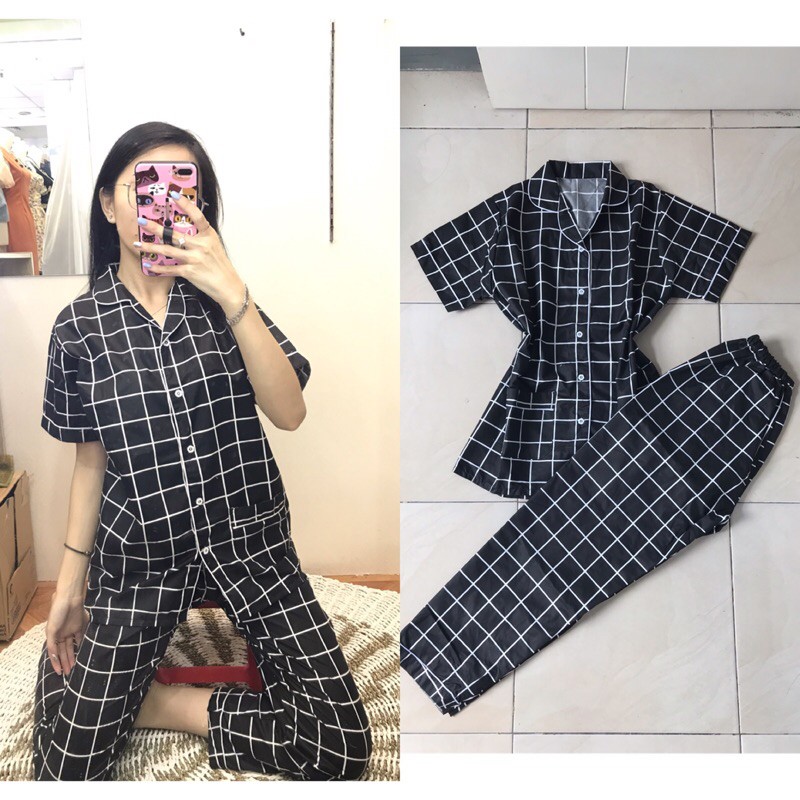 piyama/pajamas kotak&quot; CP cwe katun black.bajutidur/homewear/sleepwear katun CP cwe kotak&quot;cwekekinian