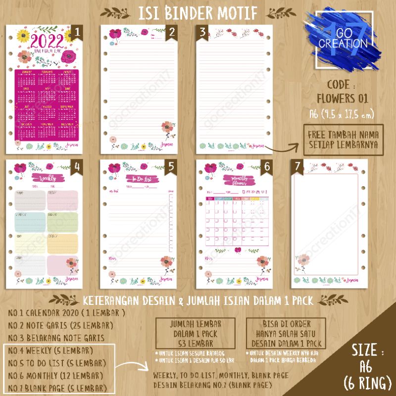 

Buku Planner isi Kertas Binder Motif Flowers 01 Premium A6 ring 6