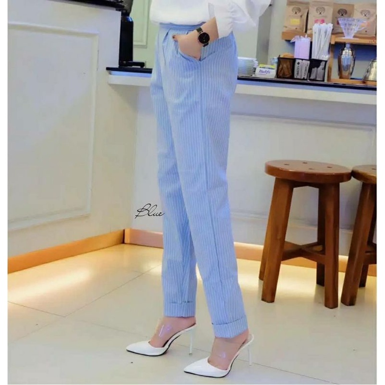 CELANA KERJA WANITA BASIC ANGKLE PANTS MODEL PINGGANG KARET DAN RESLETING BAHAN Katun Strecth Saku Samping