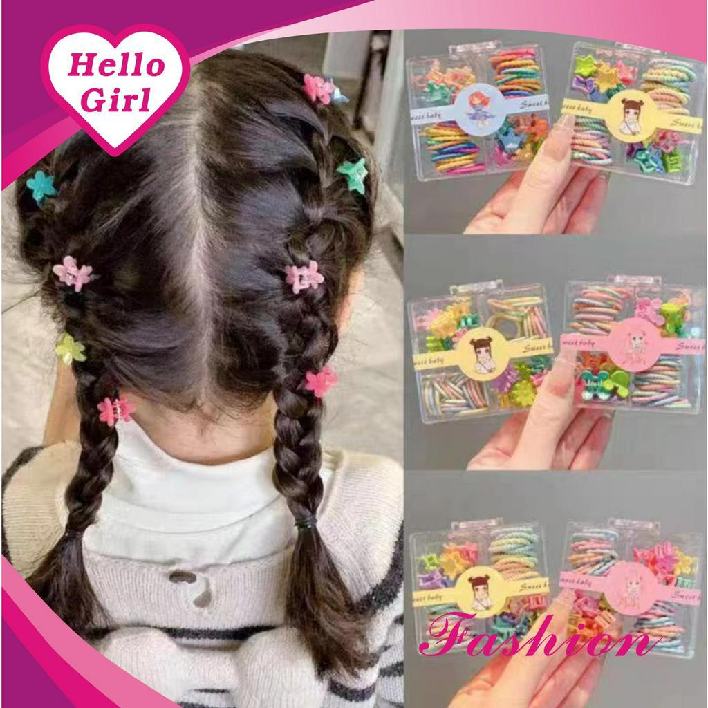 (Hello Girl)F230  1 Set Ikat Rambut Dan Jepit Anak Perempuan Mini Per kotak Import