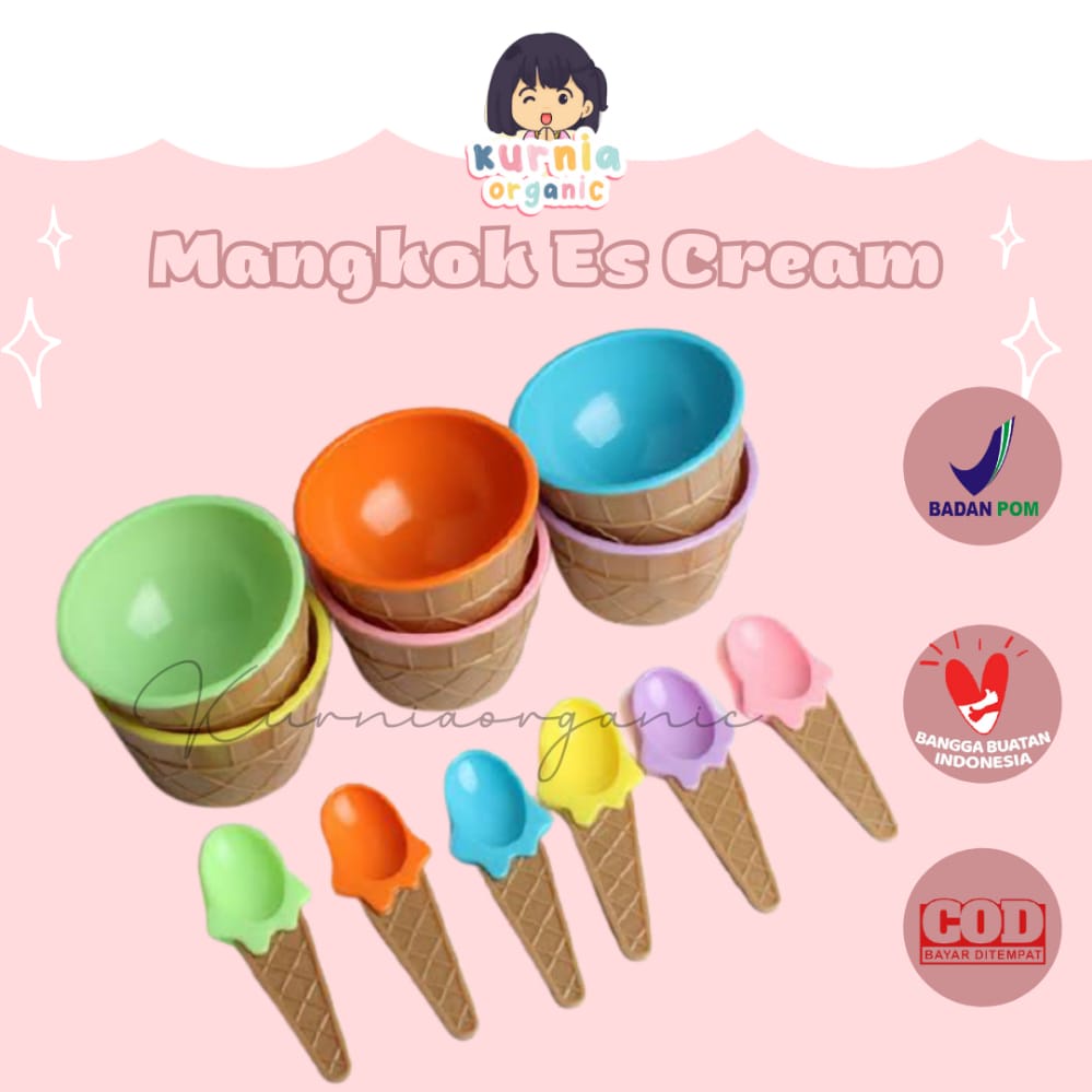 Set Sendok + Mangkok Es Krim Mangkok Masker Ice Cream Bowl Set Plastik Cute Cone