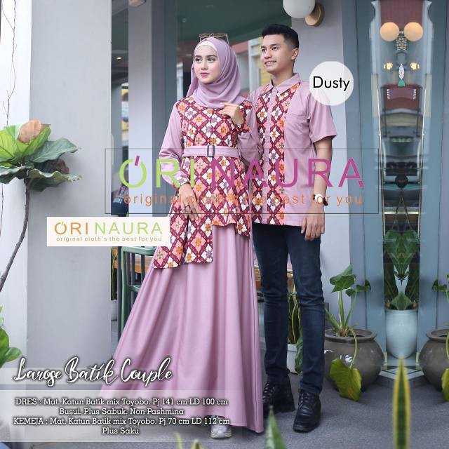 Larose Batik Couple Original Naura / Orinaura Gamis + Kemeja Material Katun Batik Mix Toyobo