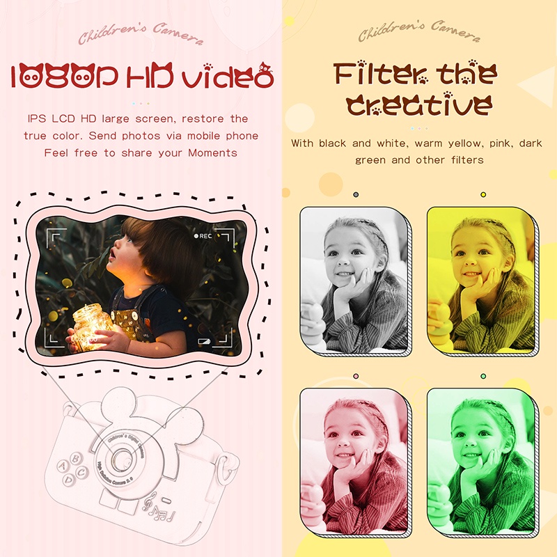 Mini Dual Camera Selfie 2 Inch HD Screen Educational Children Toys Portable High Definition Video Digital Camera SLR Camera For Cartoon Kids Camera with Lanyard