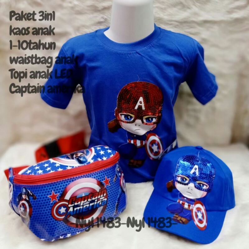 paket 3in1 baju kaos anak laki laki tas selempang anak topi anak motif captain america waistbag anak usia 1-10 tahun