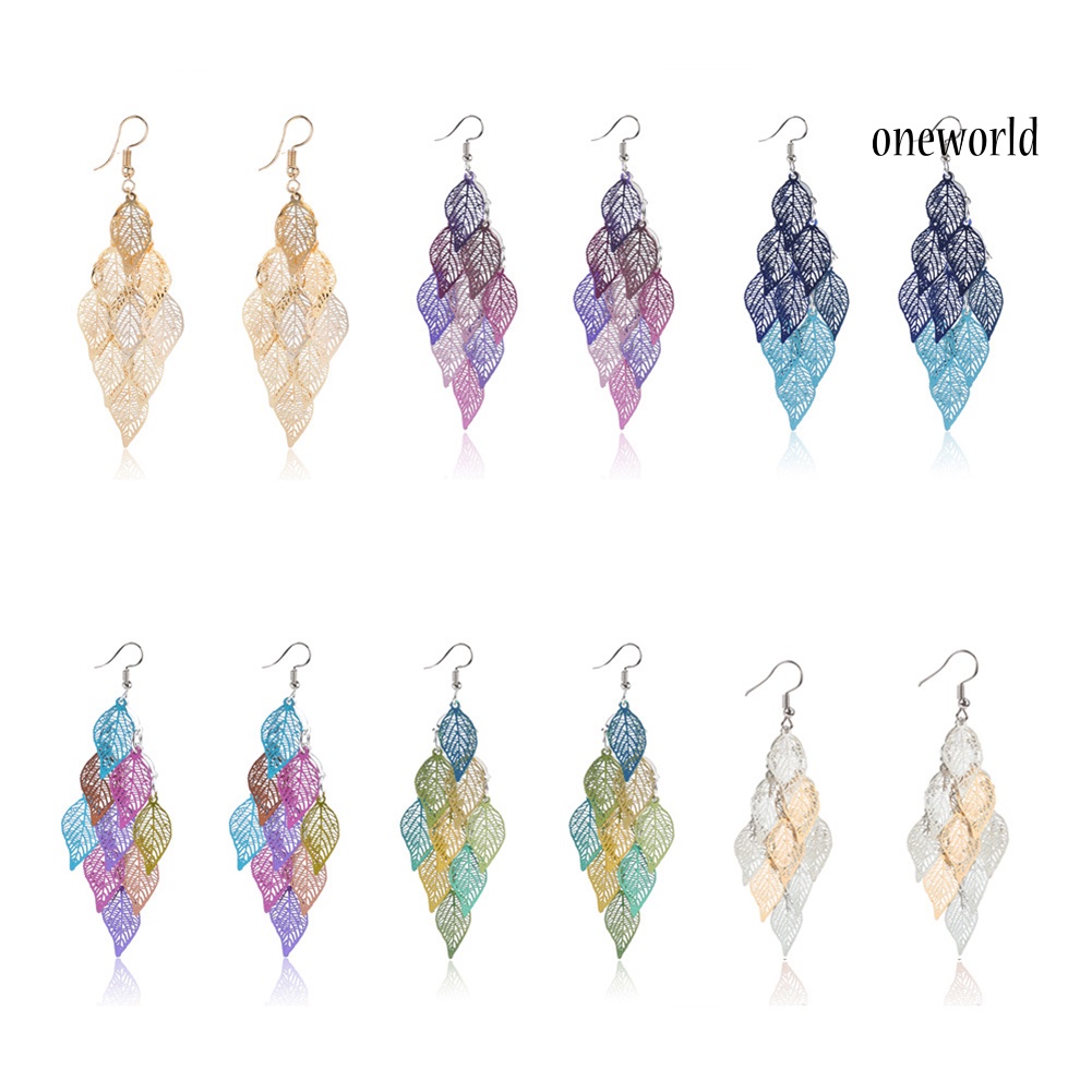 OW@ Lady Colorful Multi Layers Hollow Leaf Elegant Hook Earrings Jewelry Decor