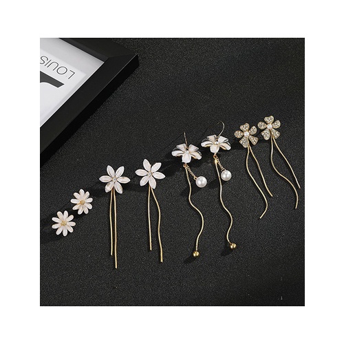 LRC Anting tusuk Fashion Rhinestone Flower Tassel Pearl Flower Tassel Resin