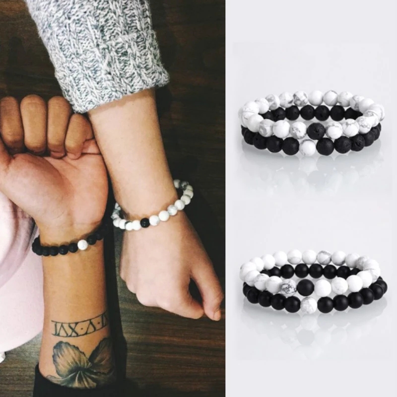 2Pcs/set Energy Beads Stone Bracelet / Beaded Couples  Bracelets / Elastic Women Men Stone Bracelet Charm Bracelet Yoga Jewelry