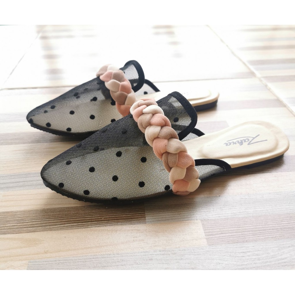 Arlaine- Fiona selop wanita / sandal slop wanita / sandal brukat / sandal slop brukat / sandal kepang / flatshoes polkadot