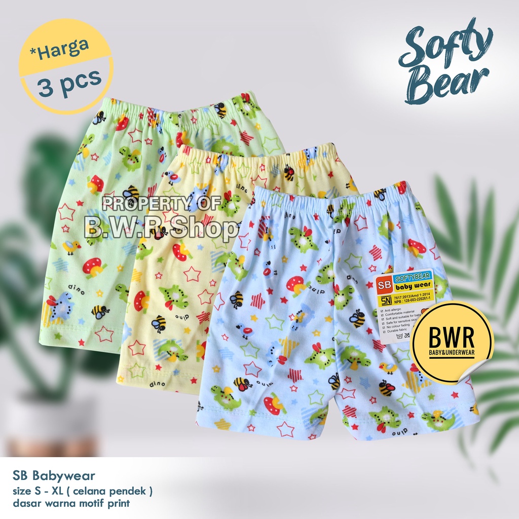 [ 3pc ] Celana Anak PENDEK SB Softtbear Warna Motif / Celana Anak Unisex Babywear S - XL | Bwr