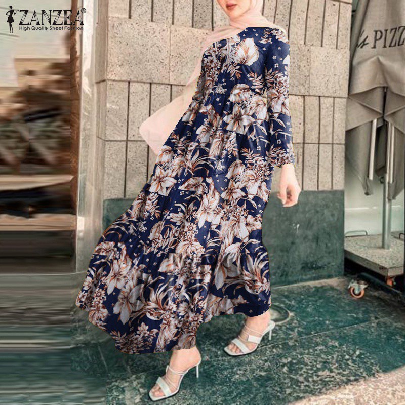 ZANZEA Women Elastic Waist Belted Patchwork Floral Printed Muslim Maxi Dress