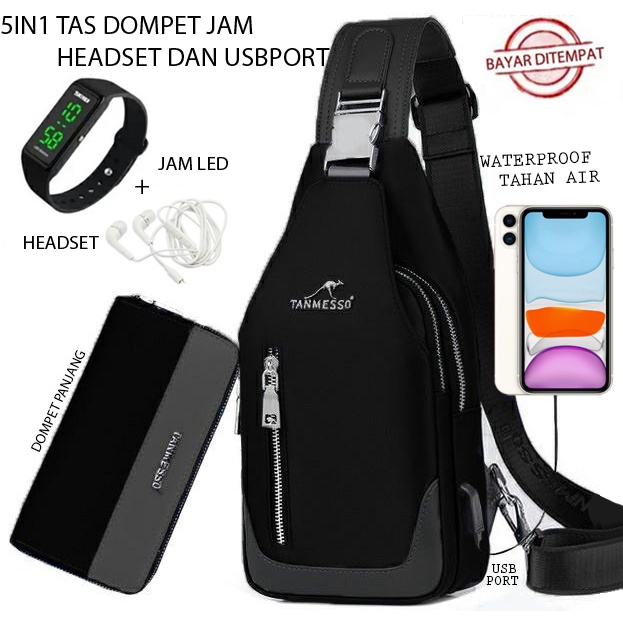 5IN1 TAS BONUS JAM &amp;DOMPET,USBPORT &amp;HEADSET-TAS SELEMPANG PRIA sling bag usb port 9