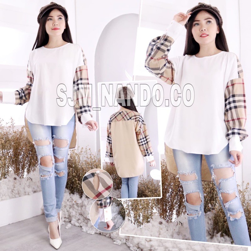 Nando atasan blouse wanita kombinasi salur kotak bahan katun import fit L XL n XxL 697-Kotak bb 697