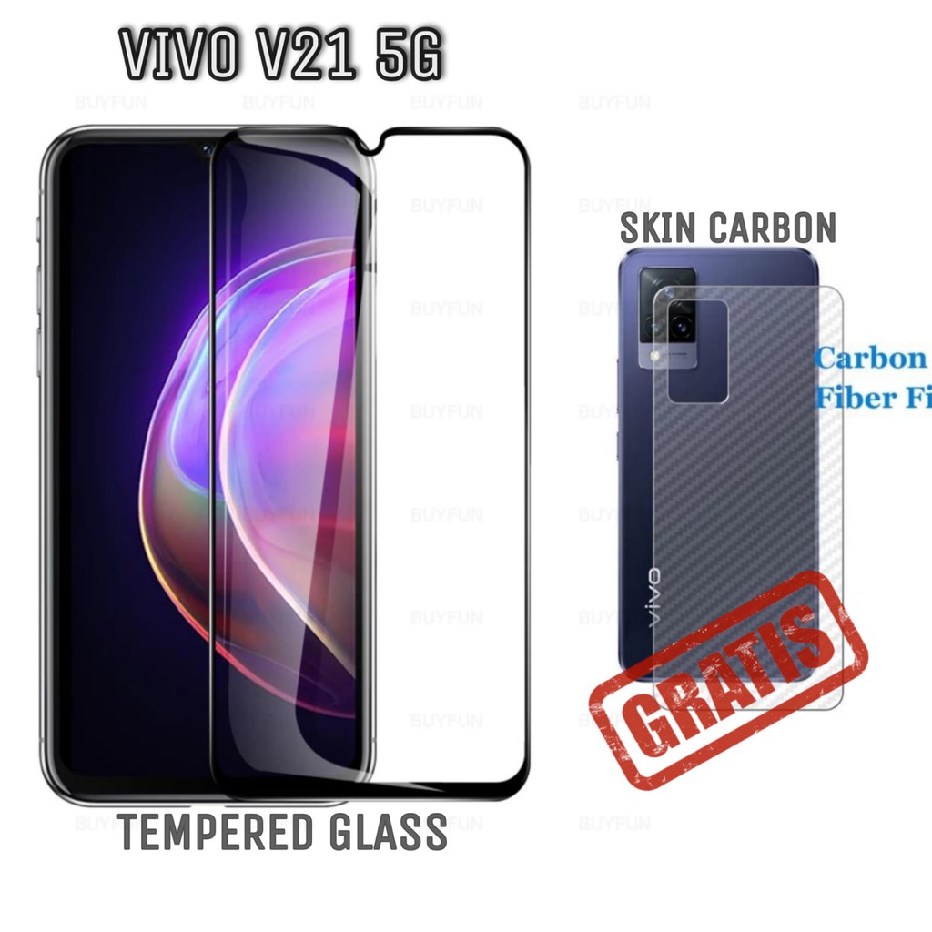 Tempered Glass VIVO V21 5G Anti Gores Warna Dan Skin Carbon Sticker Back Skin Protector