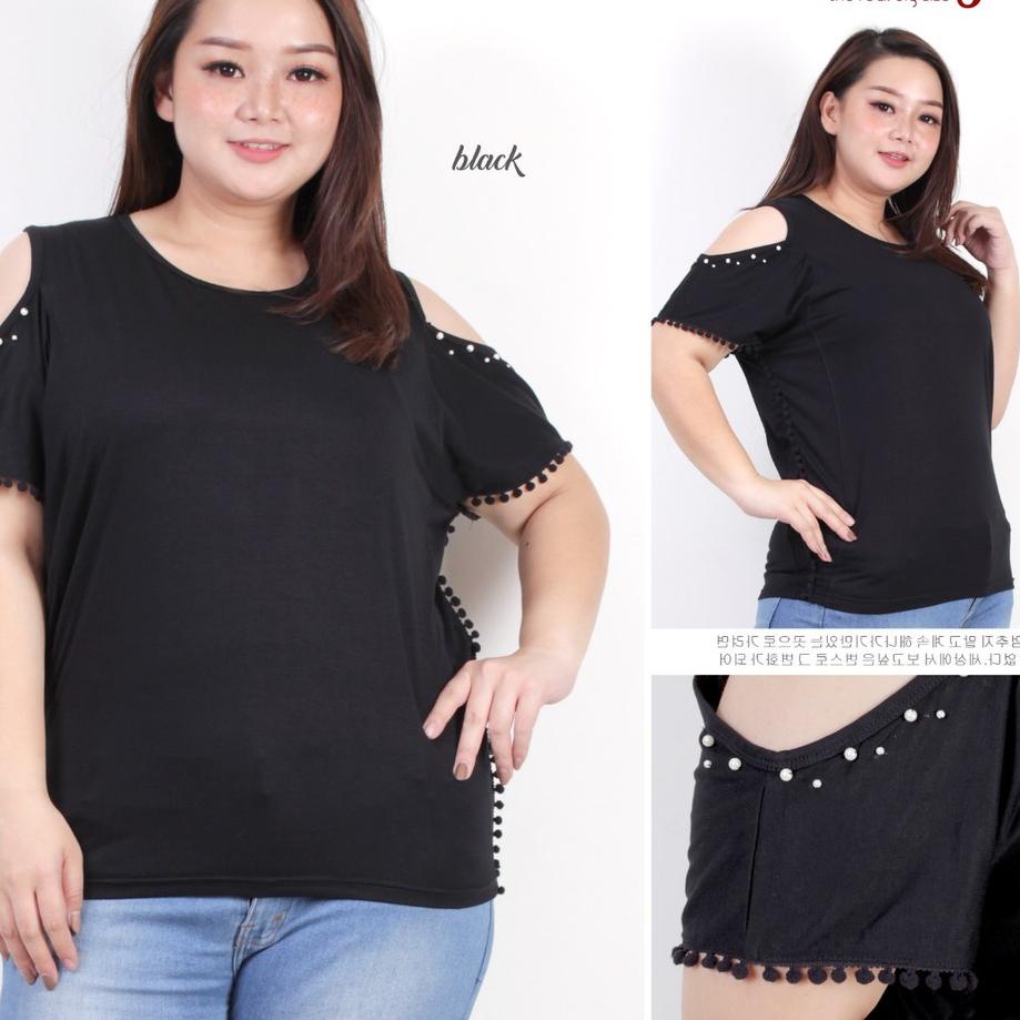 ☇ Kaos Hitam LD 124 Variasi Babol Mutiara XXXL Rayon Spandex Cold Shoulder Jumbo Vega Bahu Bolong ✧
