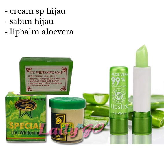 Cream SP Hijau Special UV Whitening + Sabun hijau+ Lipbalm aloevera 99