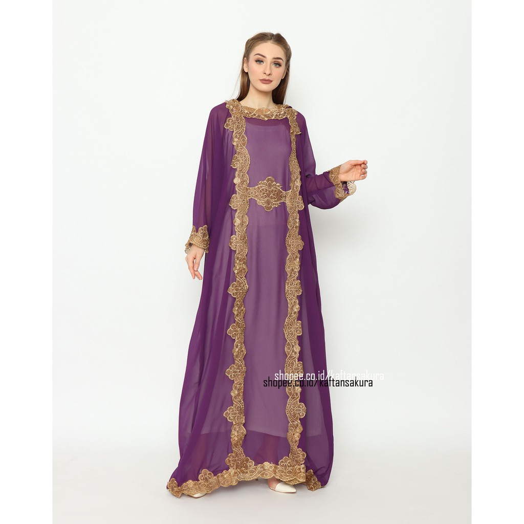 kaftan kapucong warna ungu bordir mewah ada hoodie bahan siffon jumbo lebaran 2021