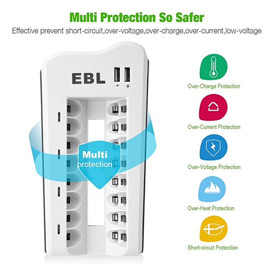 EBL Charger AA / AAA Ni-MH Rechargeable Ba with 8-Bay With 2 Usb Port