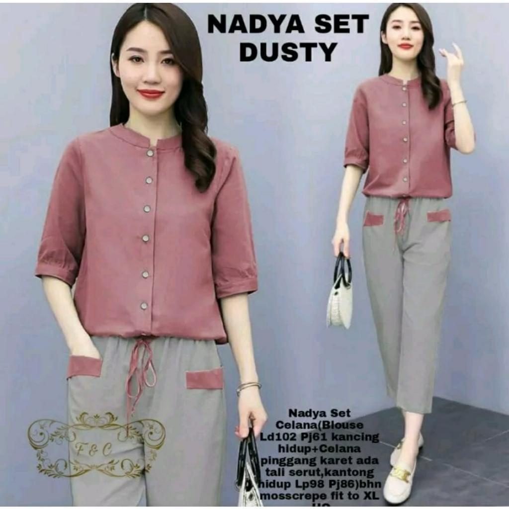 PCS SET NADYA BAHAN MOSCREPE FE SETELAN ATASAN DAN CELANA 3 UKURAN M L XL