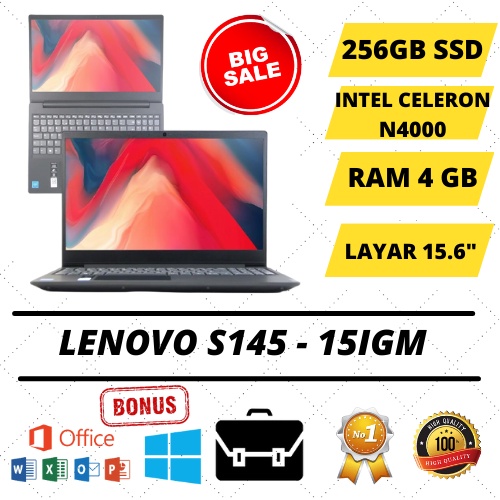 PROMO LAPTOP LENOVO S145 INTEL N4000 RAM 8GB 512GB SSD LAYAR BESAR 15.6" HD - LAPTOP BARU
