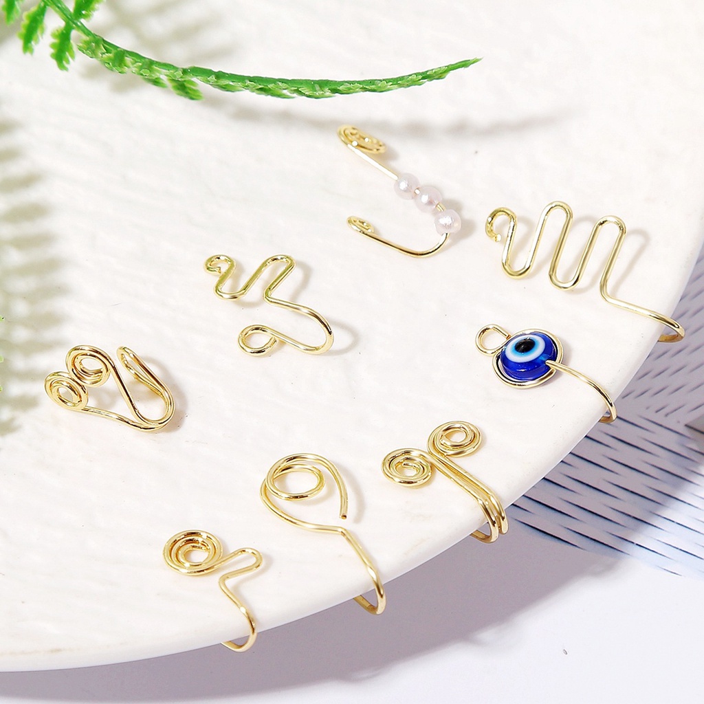 Hu Hu Hu Hu Hu Alat Bantu Pasang Kacamata♡ 9 / 12 Pcs Cincin Klip Hidung Palsu Bahan Alloy Aksen Mutiara Imitasi Gaya Retro Untuk Wanita