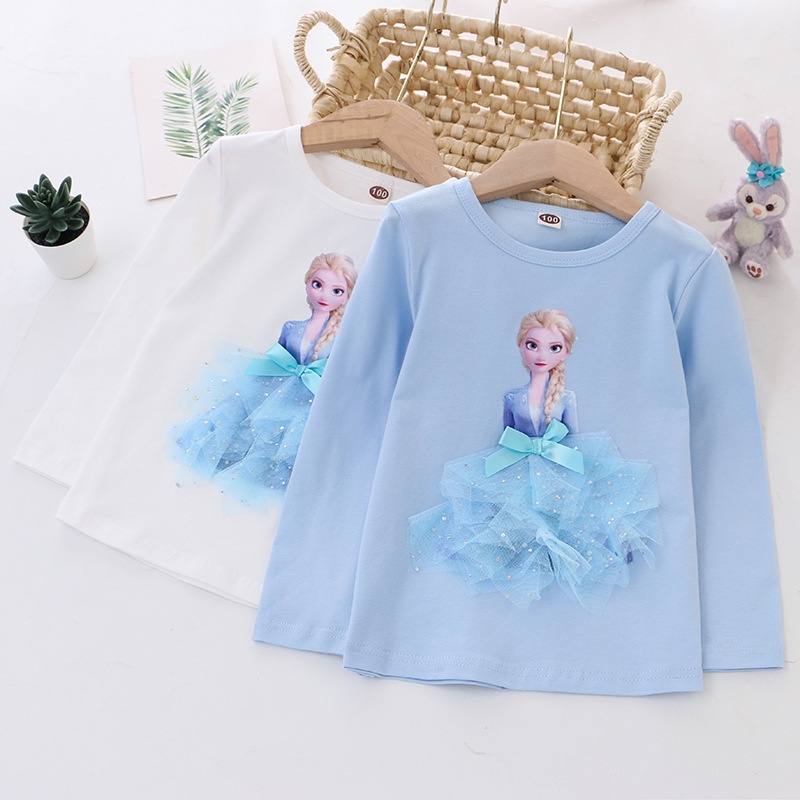 GADIS KEMEJA LENGAN PANJANG 3D KATUN ELSA FROZEN TOP KEMEJA PUTRI DISNEY BLUS ANAK PEREMPUAN T-SHIRT GADIS FASHION PAKAIAN