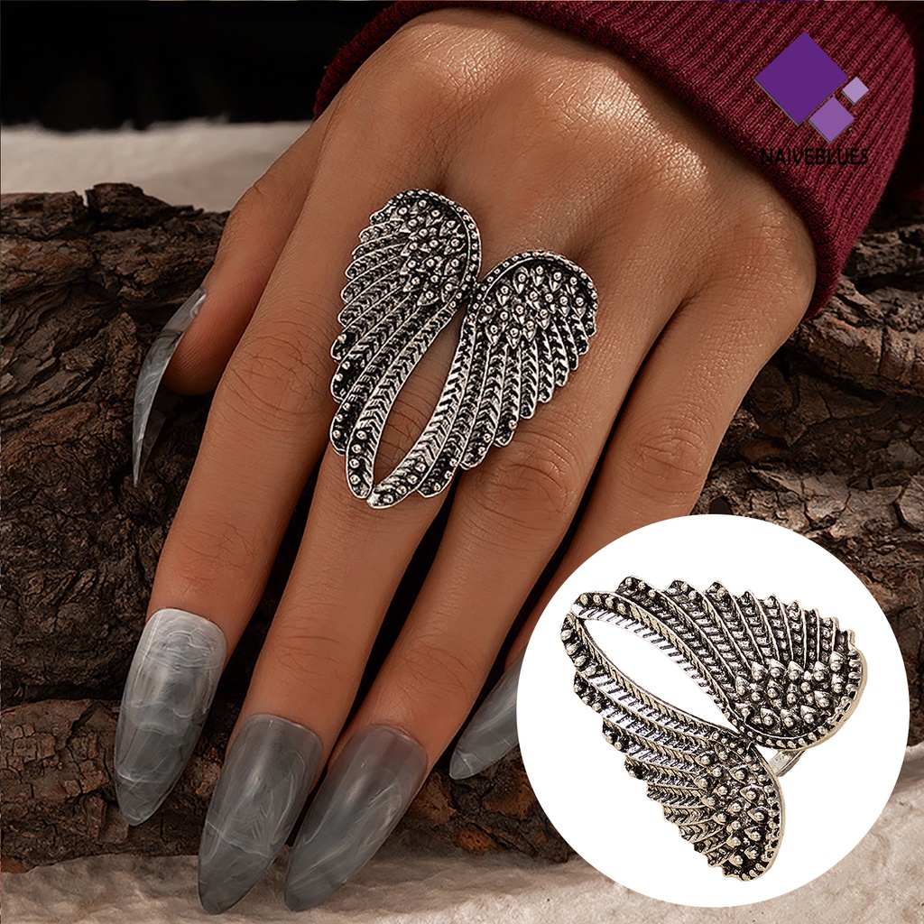 Cincin Bentuk Sayap Malaikat Bahan Alloy Metal Warna Silver Untuk Wanita