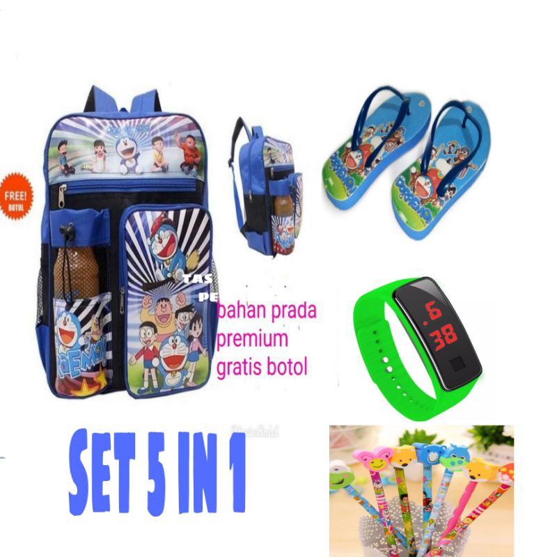 Tas anak sekolah doraemon tas bonus sandal+jam+botol+pensil penghapus