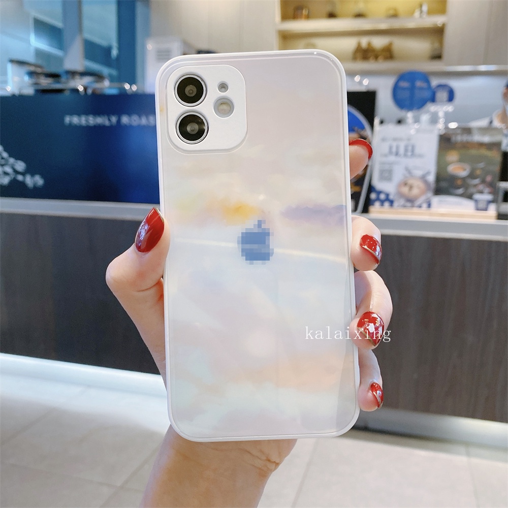 Case Tempered Glass Motif Tinta Artistik Untuk iPhone 13 Pro Max 12 11 Xs Max XR Xs Max 7Plus 8Plus