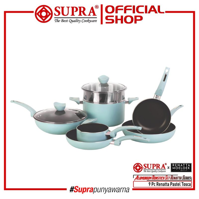 (Cod) Supra Panci Set Pastel Turquoise 9pcs / Panci Tosca Chef Renata