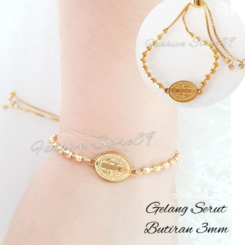 Gelang Serut Rosario Bahan Titanium Antikarat gold fashion rohani motif Bunda Maria Benediktus Salib