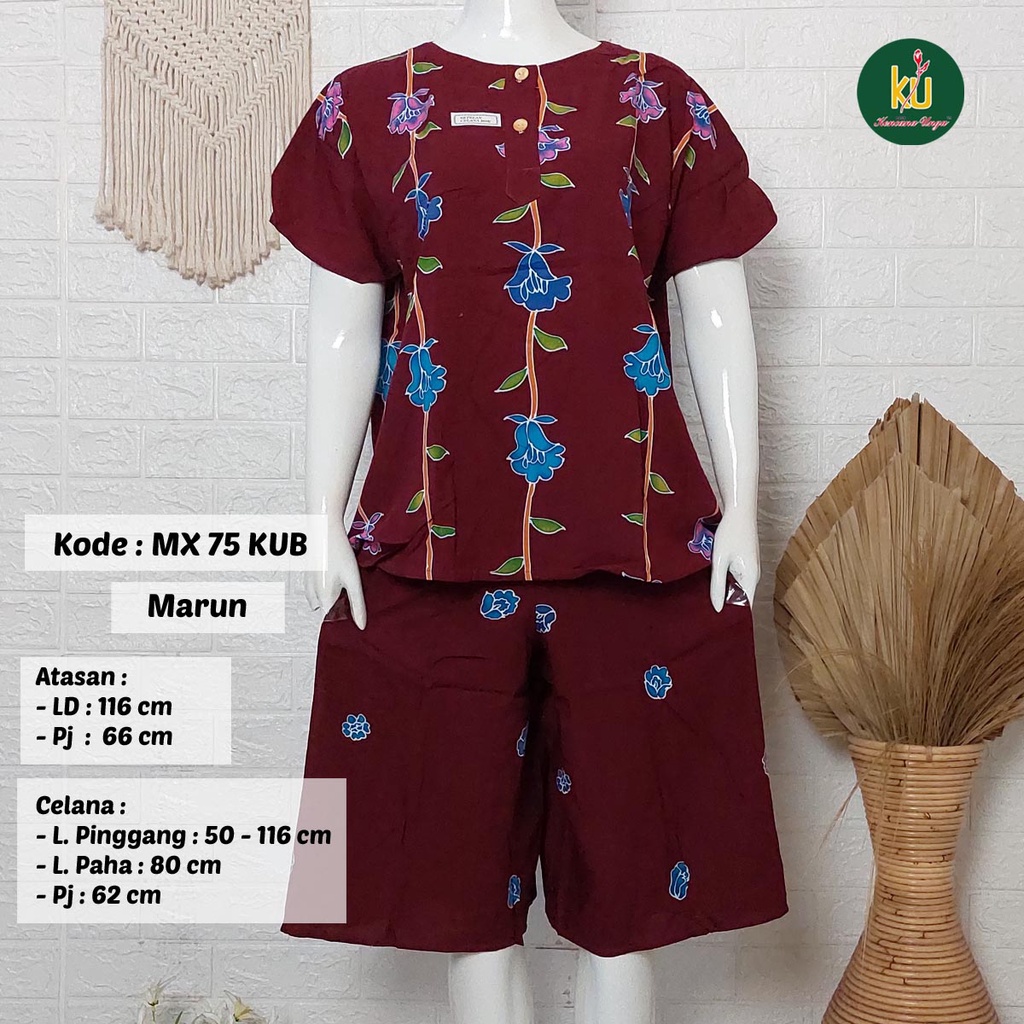 Bisa COD MX75 KUB | Setelan Kulot Celana Pendek Batik Kencana Ungu Asli Label Biru | Baju Santai Piyama Tidur Wanita Kancing Depan Busui Friendly Motif Terbaru-Marun E