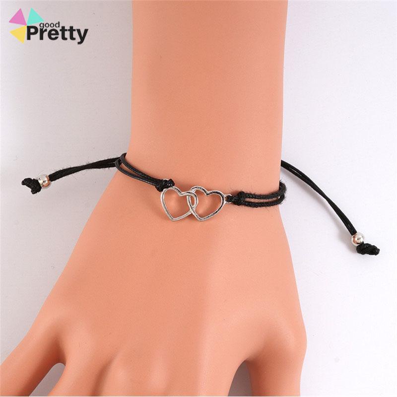 2 Pcs Fashion Ganda Bentuk Hati Gelang Adjustable Tenun Wanita Pria Gelang Pasangan Hadiah Perhiasan Aksesoris - PD