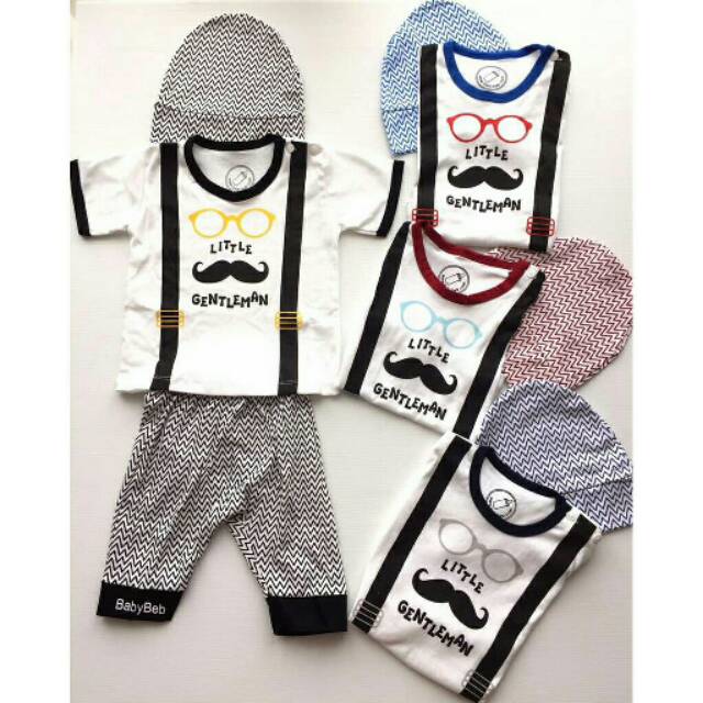 baju bayi laki laki setelan kumis set topi