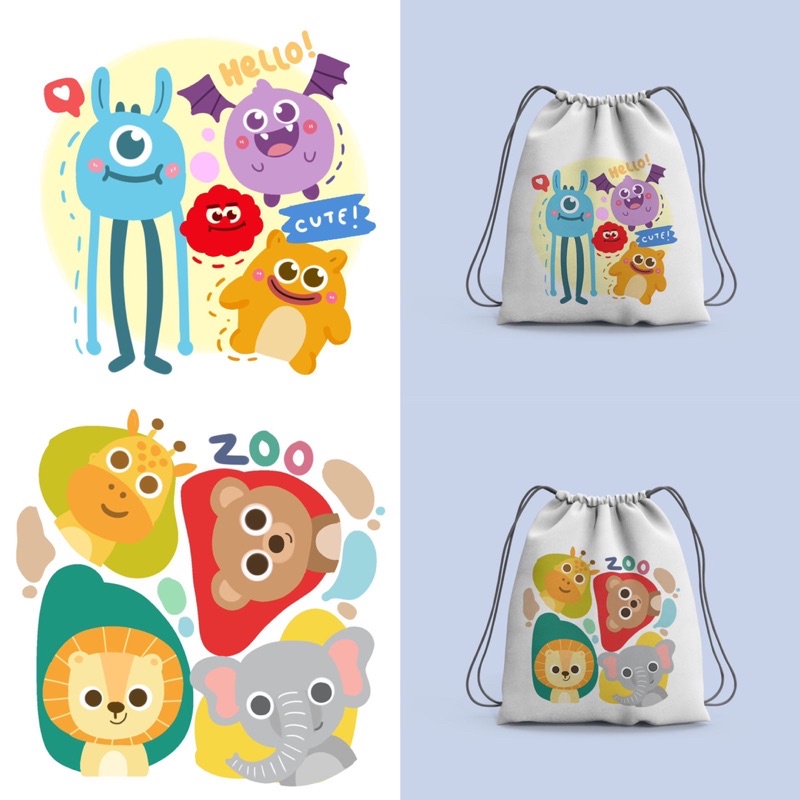 Tas Serut atau String Bag Bergambar Cute Karakter Dino/Monster/Zoo