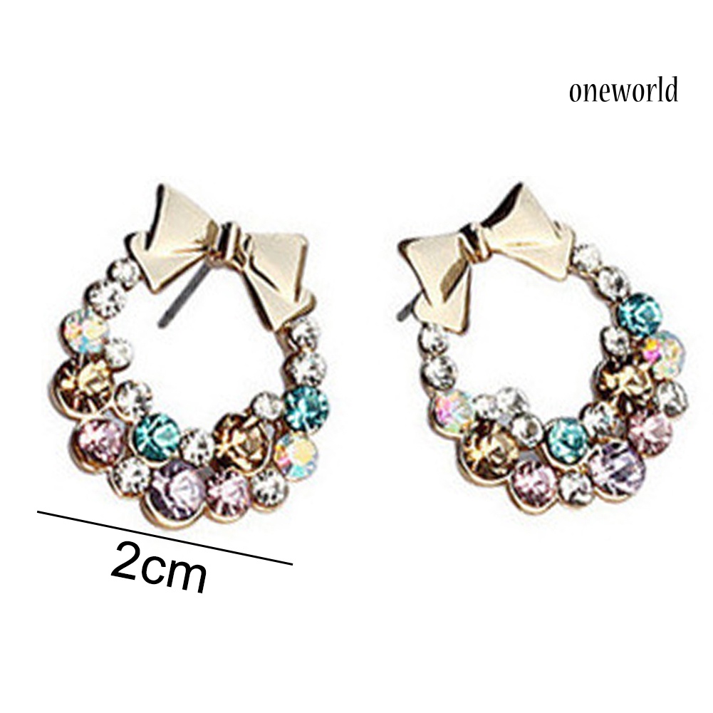 OW@ Women Multicolor Rhinestone Inlaid Bowknot Decor Stud Earrings Jewelry Gift