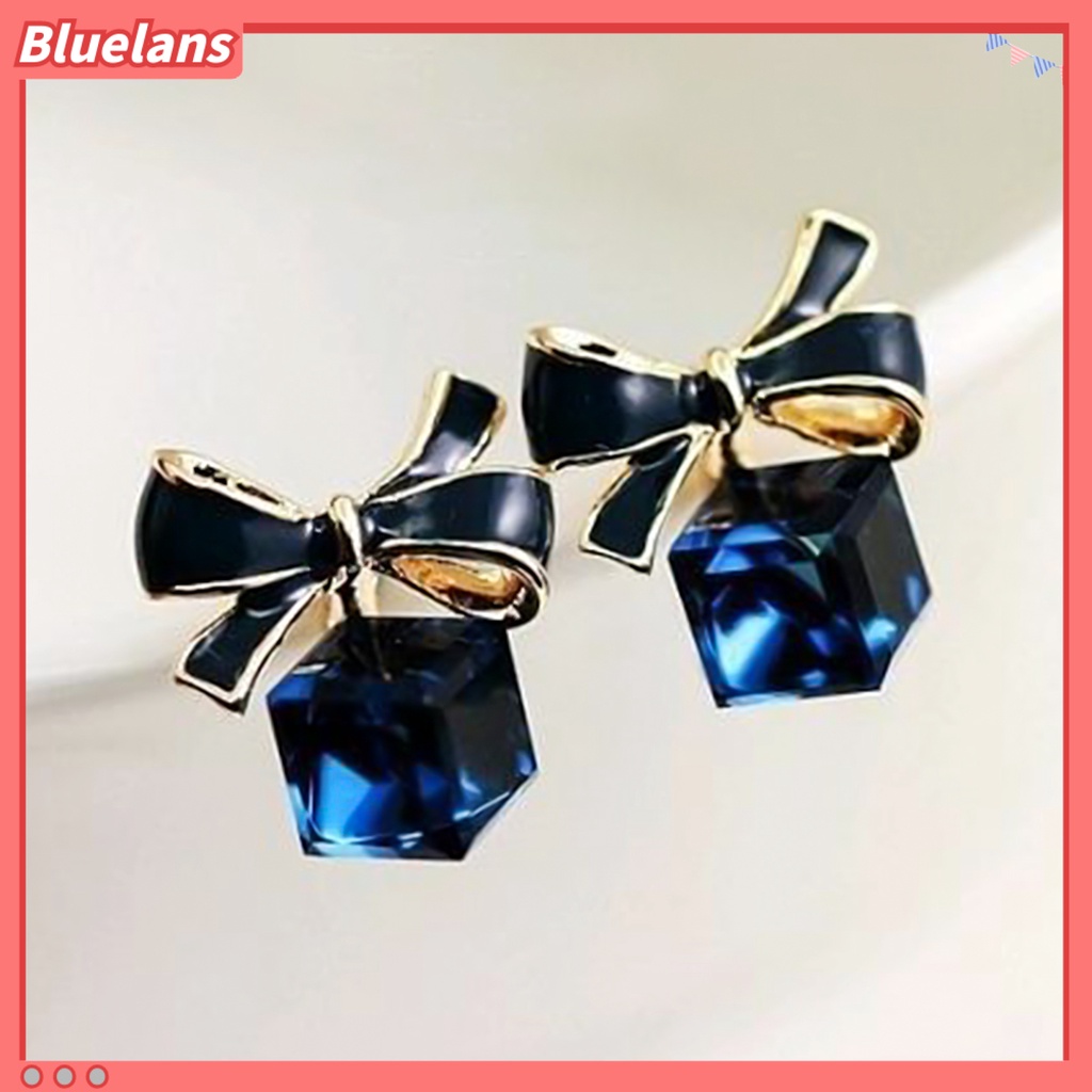 Bluelans 1 Pair Fashion Faux Crystal Bowknot Cube Ear Stud Earring Jewelry Accessory