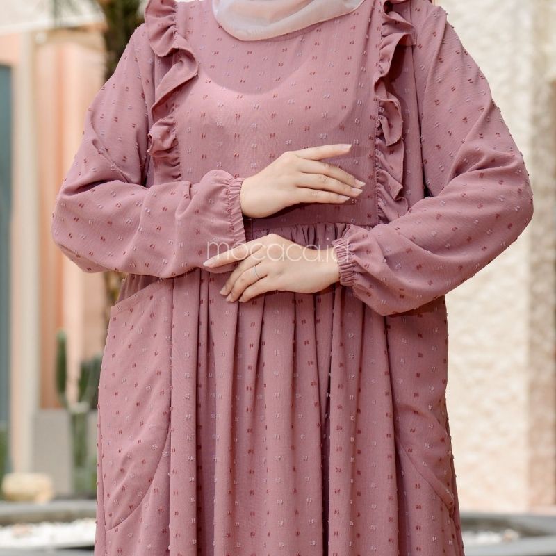 Dress busui friendly Viral Urigiri Uragiri Hitam pink Abu Navy gamis modern lengan kerut renda ada saku