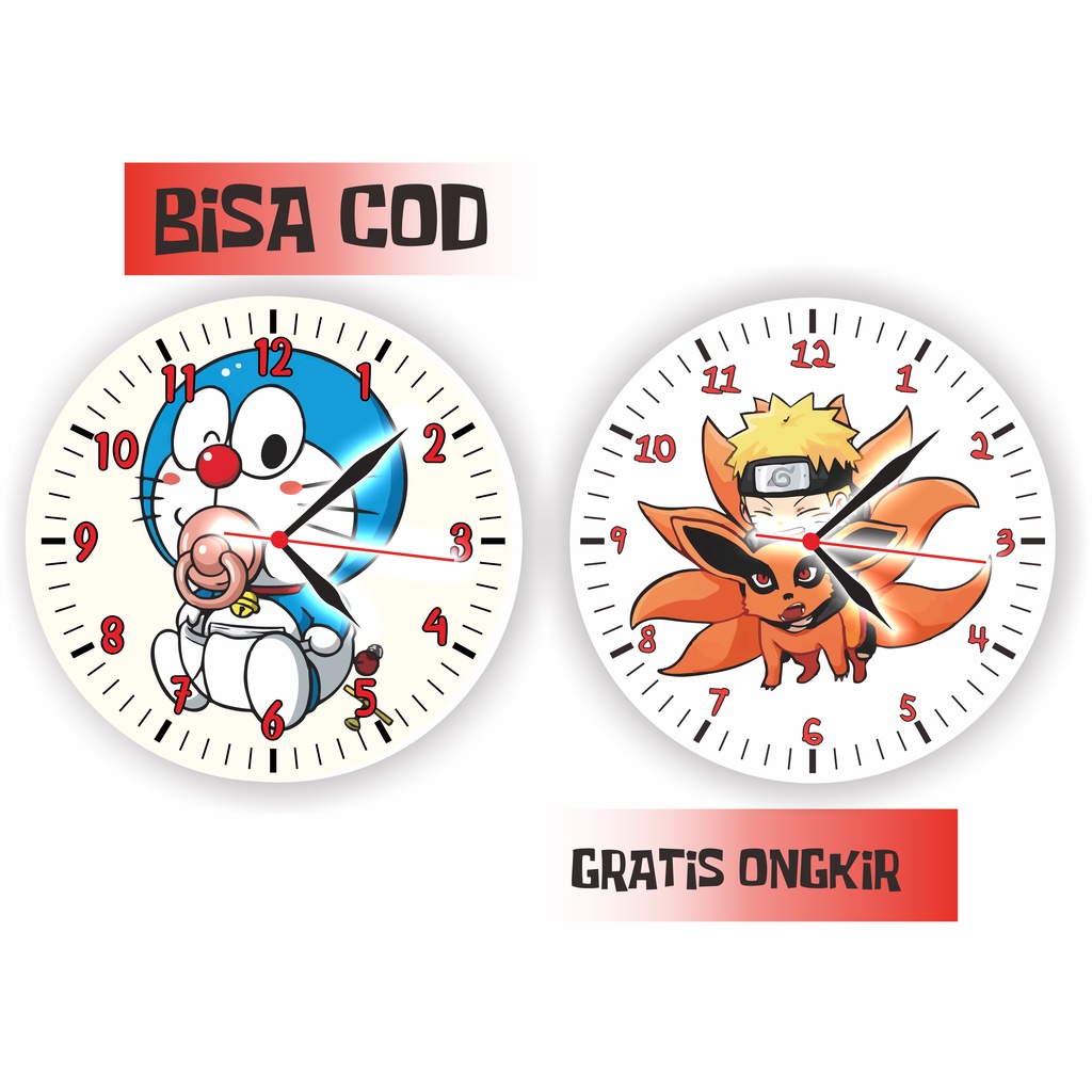 Jam dinding kayu MDF gambar Naruto doraemon