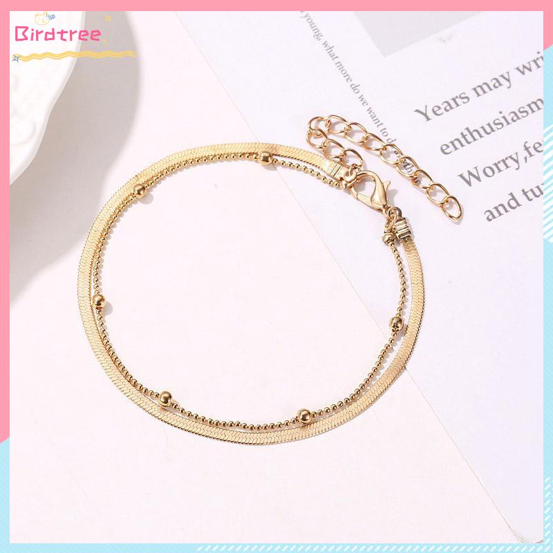 [Readystock❤️COD]Gelang Kaki Wanita Sederhana Lapisan Ganda Manik Bulat Rantai Tulang Ular Alas Kaki Fashion Gelang Kaki- BS