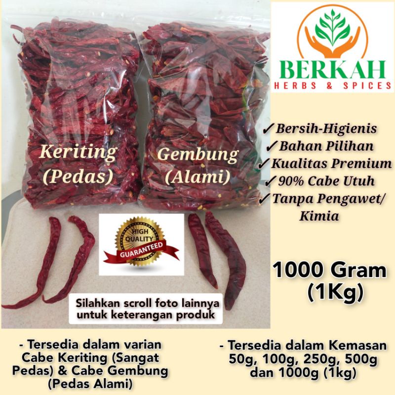 

Cabe Merah Kering Pilihan 1000Gr 1Kg Tanpa Tangkai Dry Chilli Import Bersih Higienis Kualitas Premium Terbaik Halal