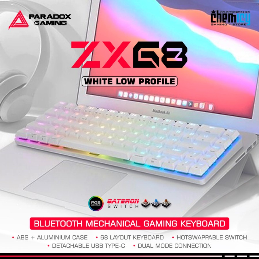 Paradox Gaming ZX68 White LowProfile Hotswap Bluetooth Gaming Keyboard