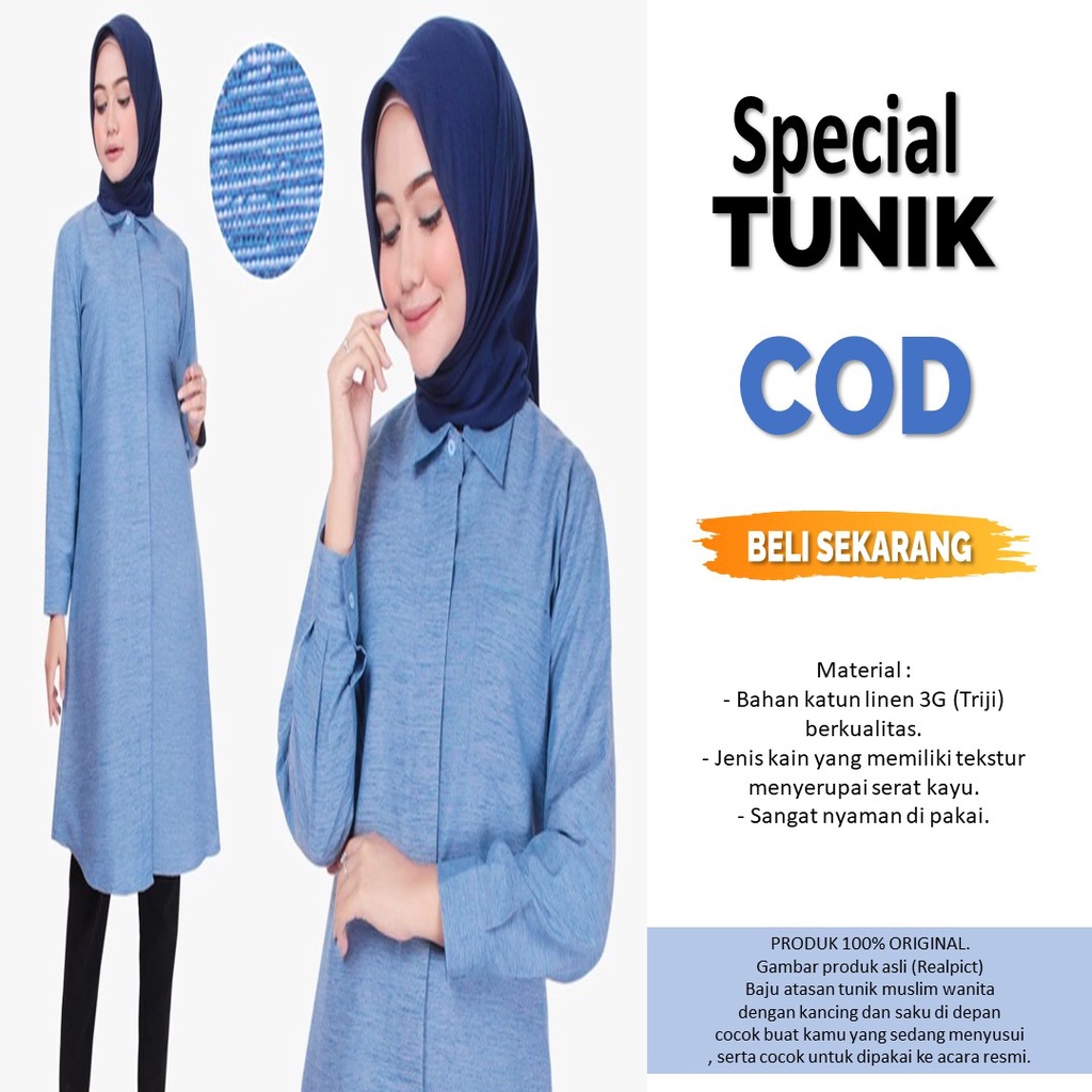 Atasan Tunik Wanita Terbaru Linen Blouse Muslimah Casual Kekinian Polos Biru Korean Style Lengan Pan