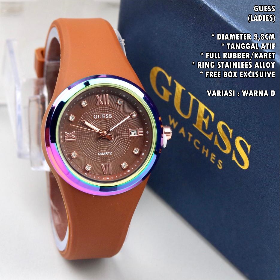 JAM TANGAN WANITA GUESS TALI RUBBER BODY BULAT TANGGAL AKTIF