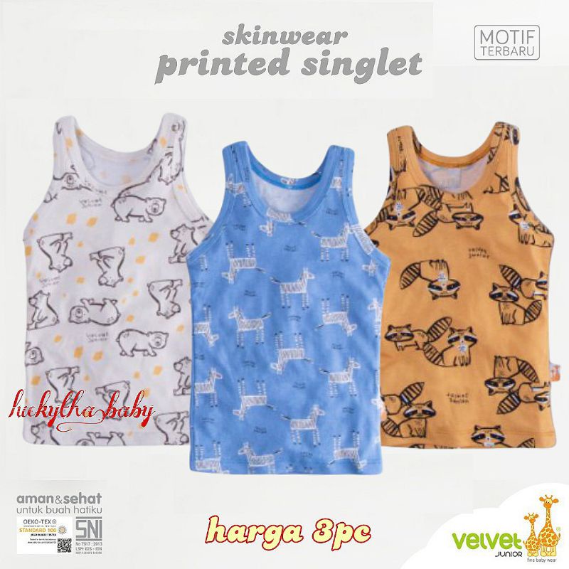 3Pcs SINGLET VELVET JUNIOR PRINT SNI , KAOS DALAM VELVET JUNIOR MOTIF FULL PRINT S ,M, L ,LB ,2 ,3