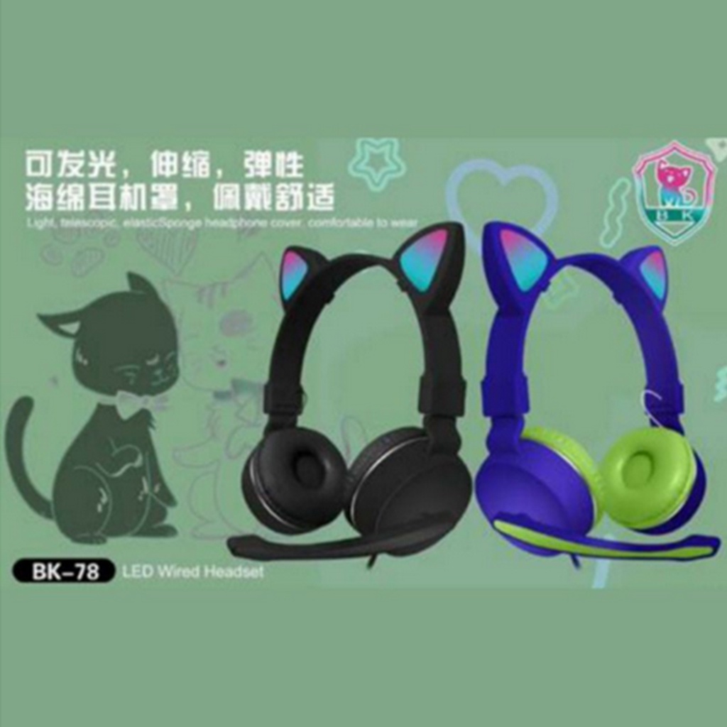 Headphone Bando Cat Ear BK-78 Wired Headset LED With Microphone 3.5mm