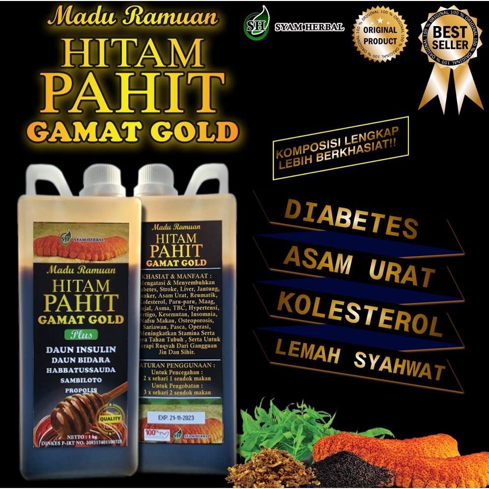 Madu Hitam Pahit Gamat Gold 1 kg Plus Daun Insulin Dan Sambiloto asli Syam Herbal